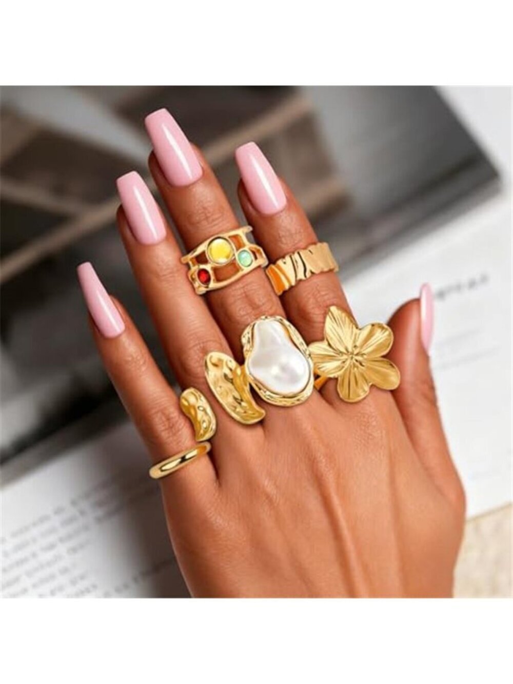 Stackable Gold Rings Set 6PC Adjustable - Picture 3 of 3
